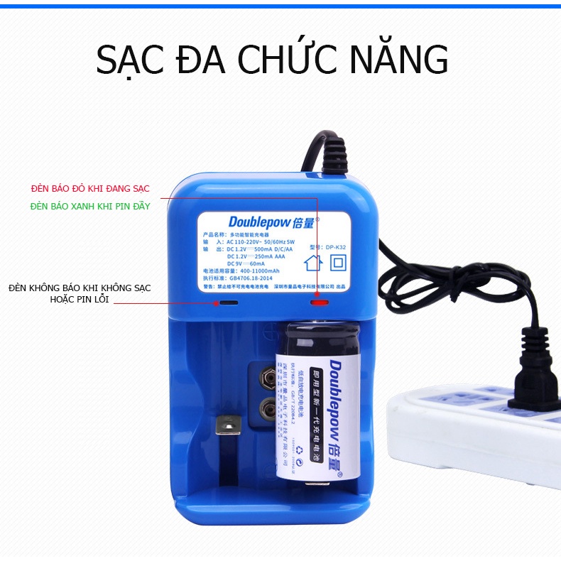Bộ sạc pin AA AAA C D 9V thông minh Doublepow K32, Bộ sạc tự ngắt và báo đèn khi pin đầy
