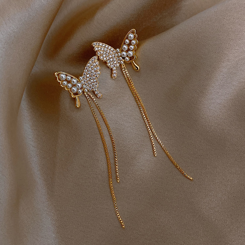 Bông tai dạng thả phối rua rua mặt bướm đính ngọc trai thời trang xinh xắn dành cho nữ