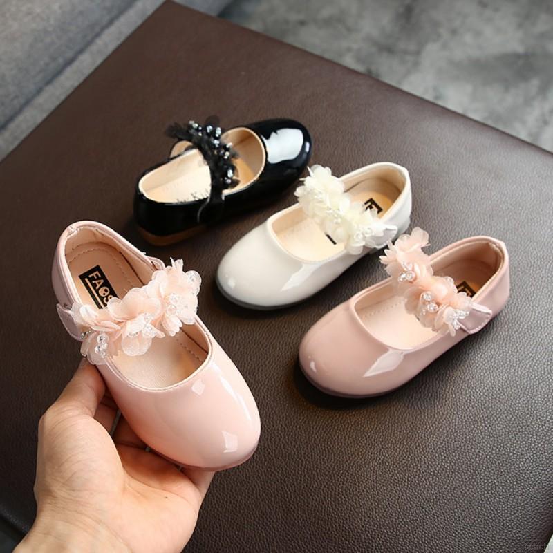 Giày búp bê bằng da PU đế mềm chống trượt đính hoa xinh xắn cho bé