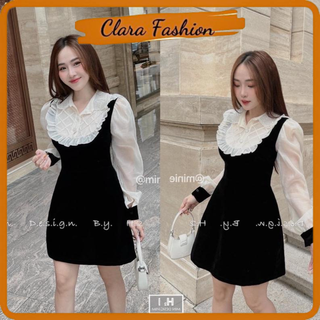 Váy nhung/ đầm nhung phối bèo ngực tay tơ cổ đính đá dáng suông clara siêu xinh