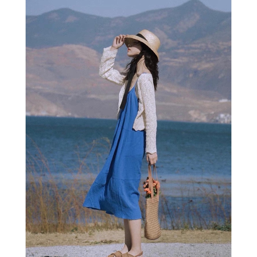 - Váy hai dây phong cách Vintage màu xanh Coban nổi bật, chất xô muslin mềm xốp nhẹ tênh