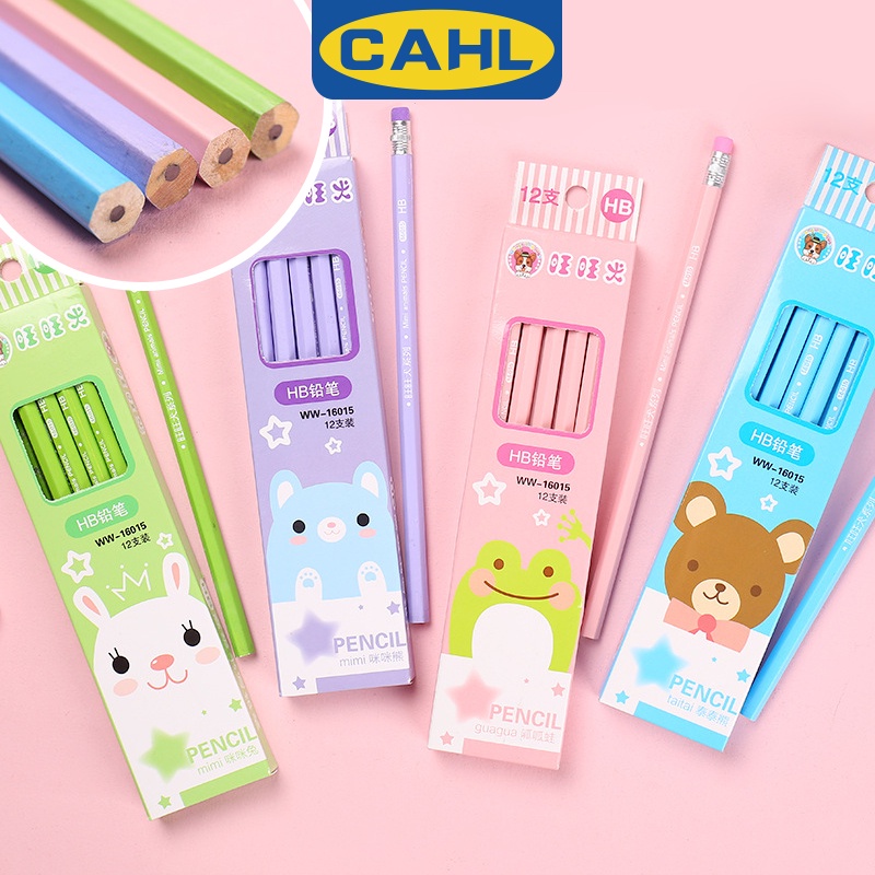 Set 12 Bút Chì Họa Tiết Động Vật Hoạt Hình Kèm Gôm Tẩy Tiện Dụng Cho Học Sinh