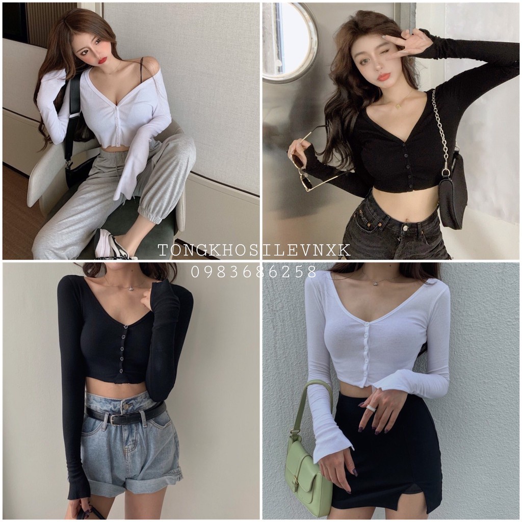 (new) ÁO CROPTOP LEN TĂM DÀI TAY CỔ TIM XẺ TÀ CÚC DỌC - ÁO CROPTOP PHỐI NÚT LỆCH VAI TAY DÀI DÁNG BODY NỮ ĐEN TRẮNG HOT