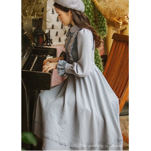 YAS0473-Váy tiểu thư xanh thêu hoa thanh lịch