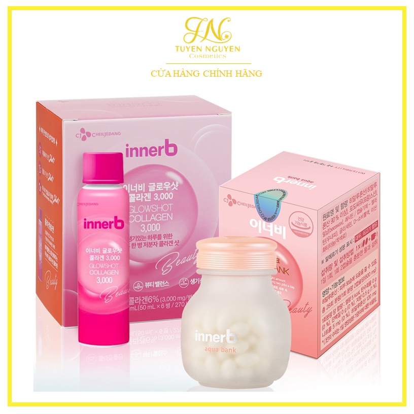 Bộ đôi giữ ẩm, sáng da InnerB Aqua Bank lọ 56 viên & hộp 6 chai nước uống Collagen Glowshot