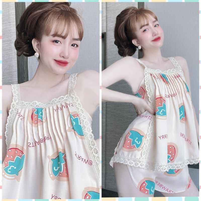 Freesize 40-60kg - Bộ ngủ nữ 2 dây lụa mango phối ren cao cấp. Đồ bộ nữ lụa loại 1 không nhăn