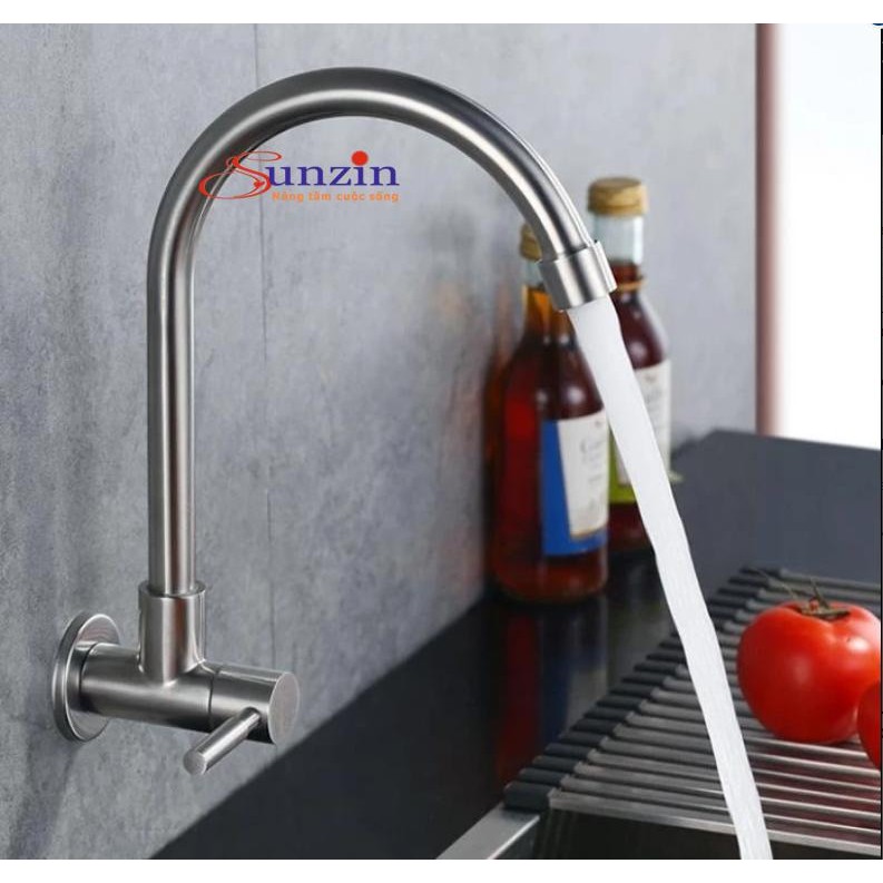 Vòi rửa chén gắn tường cần cứng Sunzin, chất liệu inox 304, tặng thêm 1 cuộn băng tan
