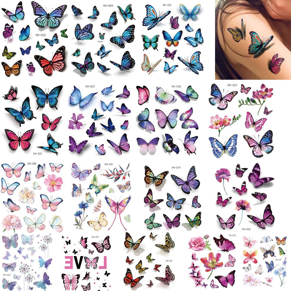 (Hàng Mới Về) Set 1 / 12 Tấm Hình Xăm Dán Tạm Thời Hình Bướm 3d Nhiều Màu Sắc Không Độc Hại Lâu Trôi An Toàn Cho Nữ
