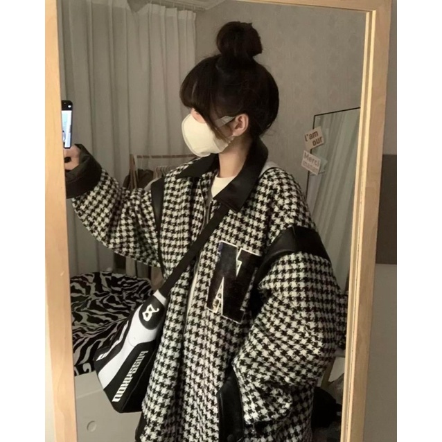 Áo dạ kẻ phối da siêu xinh