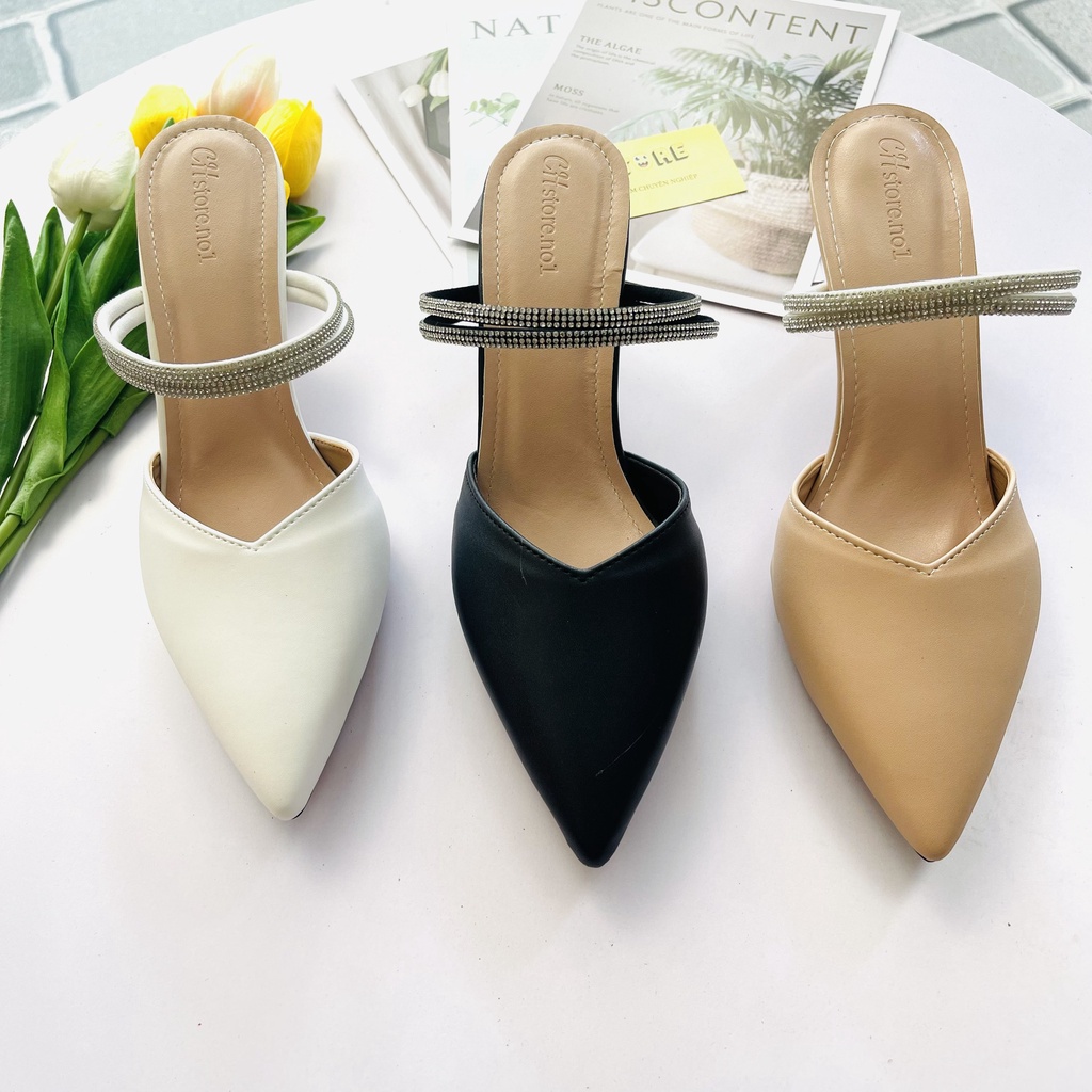 Sục mũi nhọn cao gót, giày nữ đính đá 7p mã C21
