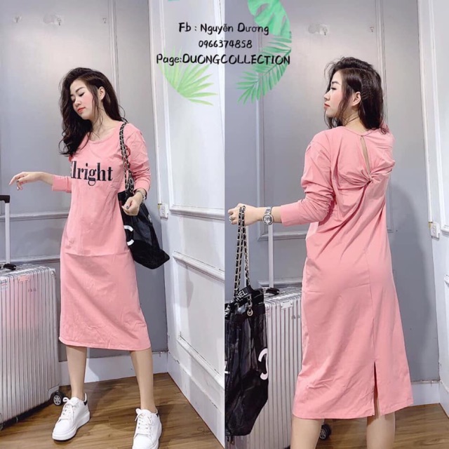 Váy suông xoắn lưng dài tay in chữ Alright chất cottong