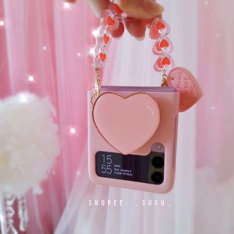 Ốp Samsung Z Flip 3 - ZFlip 3 - ZFlip3 hồng pastel ngọt ngào kèm bộ dây đeo tim dễ thương