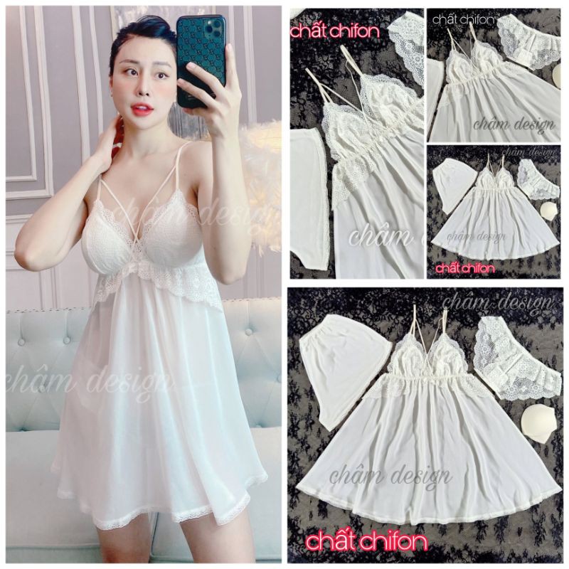 váy ngủ chiffon trắng pha ren xinh có 2 dây chéo ngực, hàng thiết kế độc quyền.(Mã 2dc)