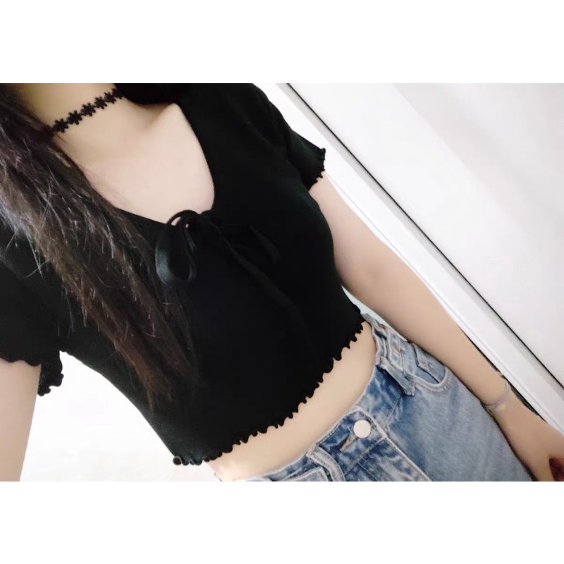 Áo croptop len dệt kim cột nơ ngực Áo thun nơ ngực