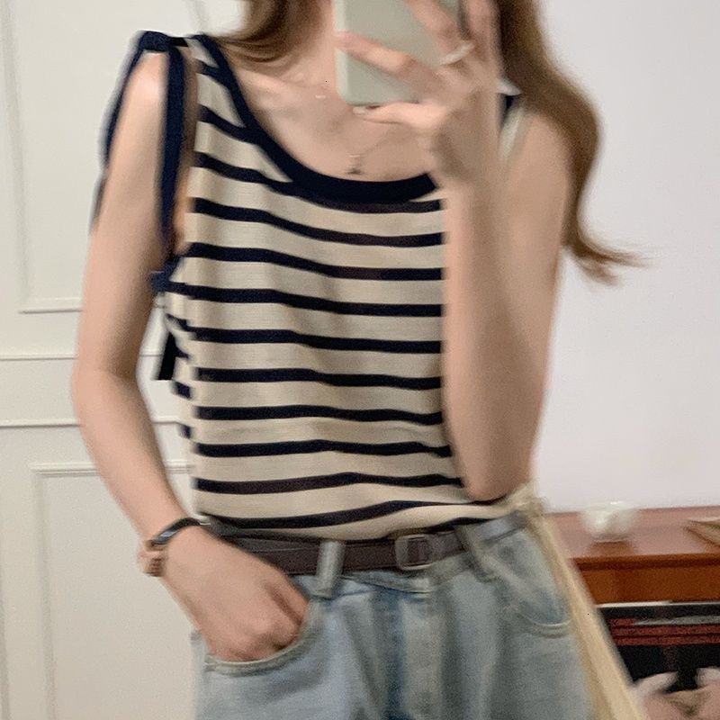 Áo sát nách dệt kim buộc dây kẻ sọc thời trang Hàn Quốc cho nữ
