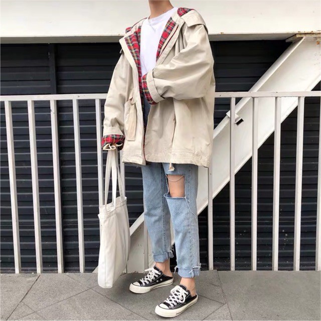 Áo khoác ulzzang kaki be dày phối caro xinh -Hàng nhập khẩu