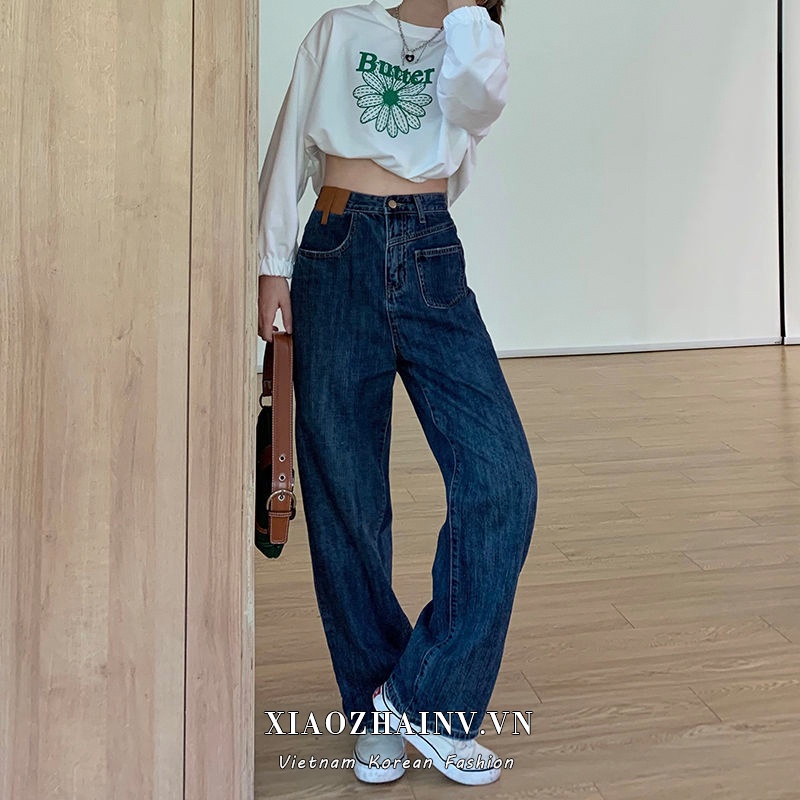 Quần jean dài XIAOZHAINV ống rộng lưng cao phong cách vintage cá tính cho nữ