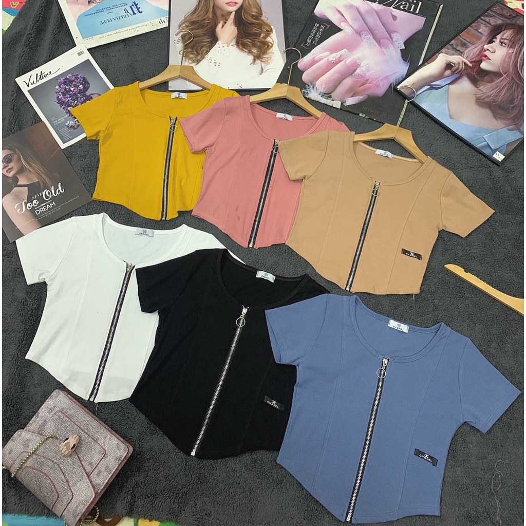 Áo thun cổ tròn khoá kéo ngực_áo kiểu sexy chất thun bozip mềm mịn | BigBuy360 - bigbuy360.vn
