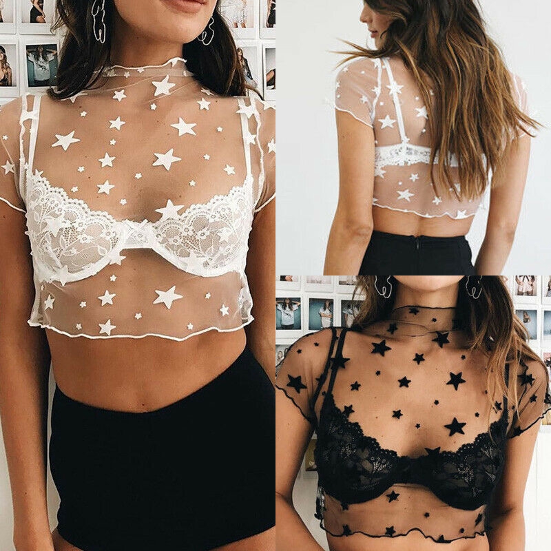 Áo croptop lưới xuyên thấu in hình ngôi sao gợi cảm cho nữ