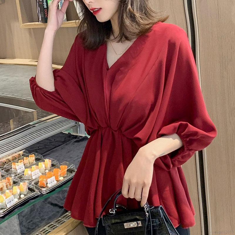 Áo sơ mi voan cánh dơi cổ chữ V form rộng thời trang