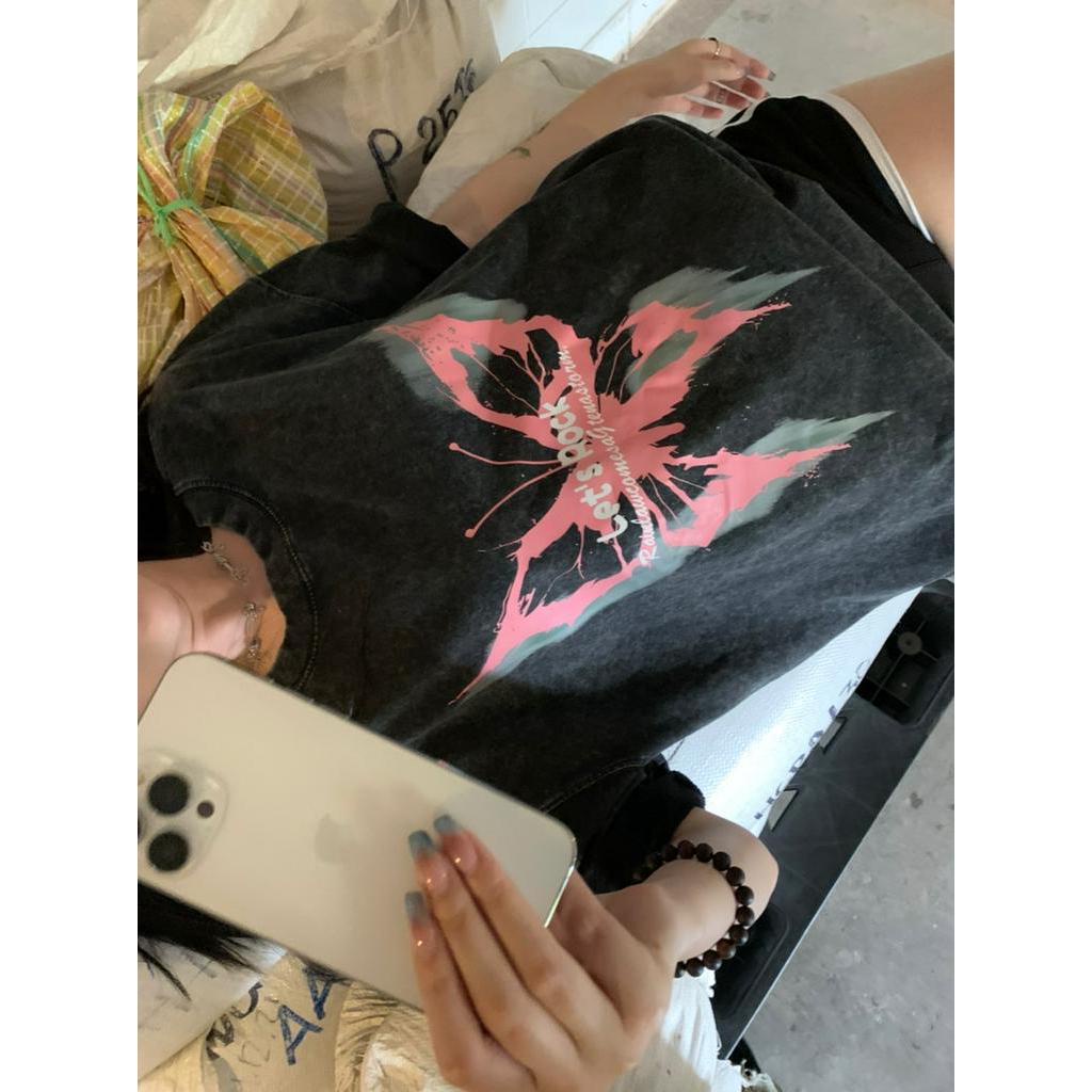 Áo Thun Cotton Ngắn Tay In Hình Bướm Đen Phong Cách Retro 63315