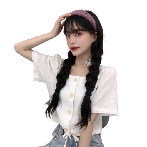Áo kiểu QKOOLE ngắn tay cổ vuông màu trơn phong cách Hàn Quốc thời trang cho nữ