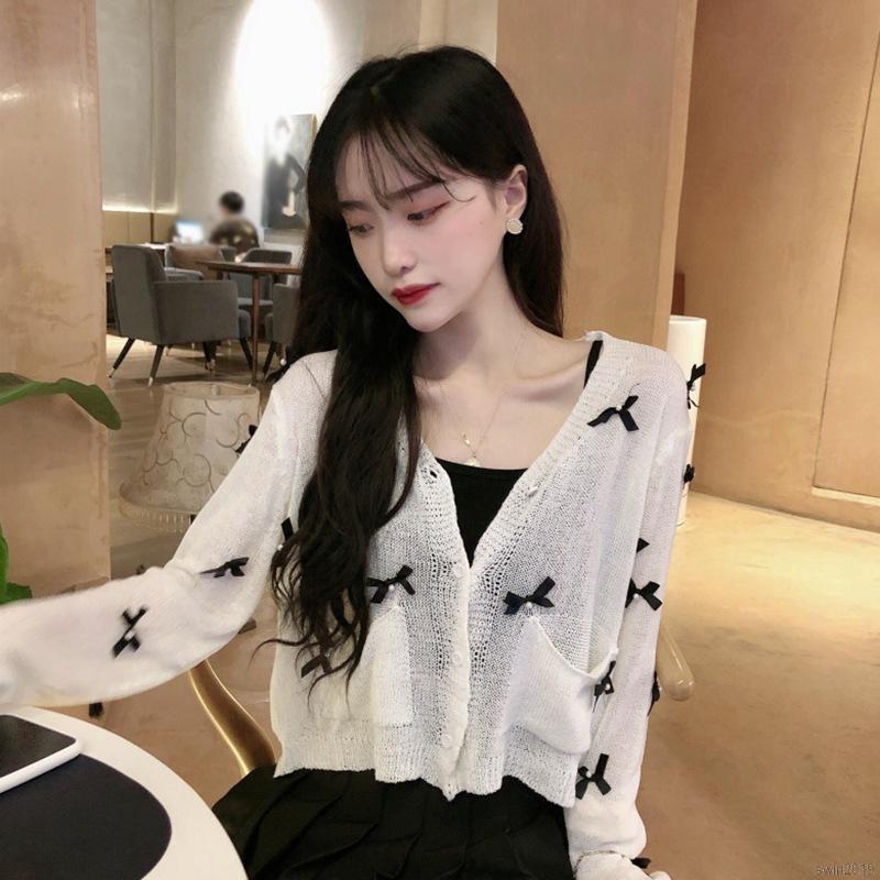 Women Small Knitted Bow Decoration Long-sleeved Slim Sunscreen Jacket Ladies Breathable Sweet Cardigan