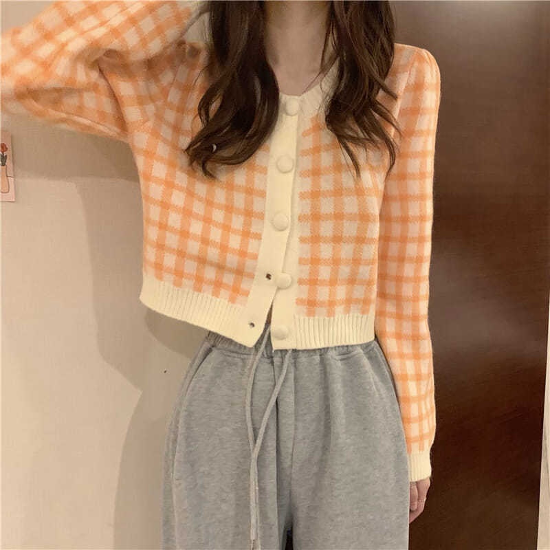 Áo Cardigan Len Tay Dài Dáng Ngắn Họa Tiết Kẻ Sọc Thời Trang Mới Cho Nữ