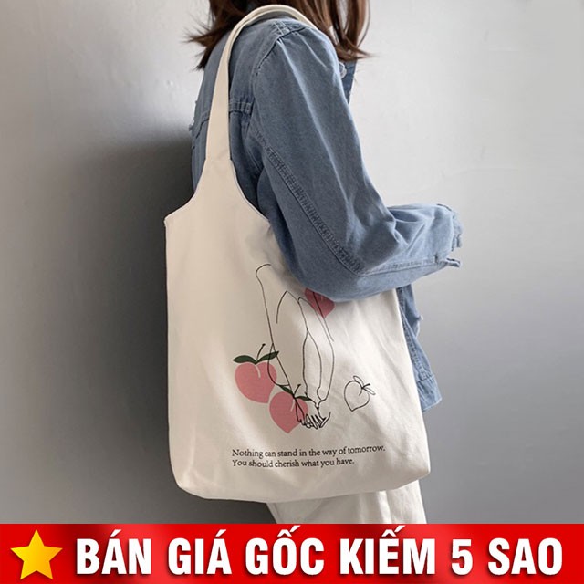 Túi Vải Tote Nàng Thơ Và Quả Đào Cỡ Lớn P1400