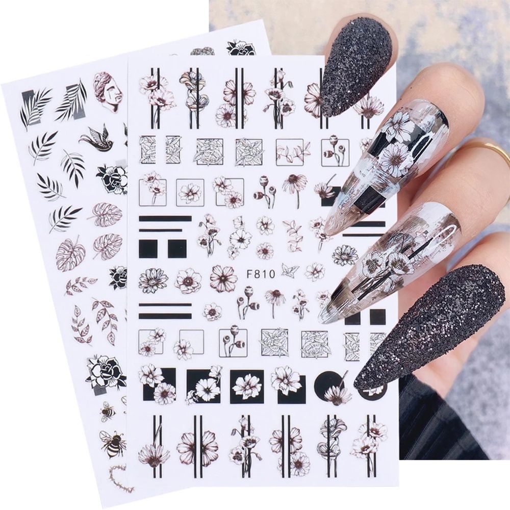 Sticker Rỗng Dán Trang Trí Móng Tay 3D Màu Trắng Đen Họa Tiết Hoa Lá Phong Cách Gothic