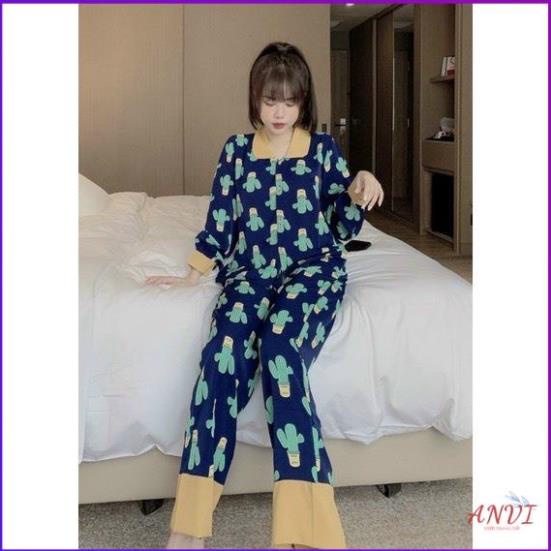 Pijama Nữ ANVI, Đồ Bộ Pijama Dài Tay Mặc Nhà Họa Tiết Cổ Sen Phối Màu Lụa Mềm Mát Dưới 60kg . | BigBuy360 - bigbuy360.vn