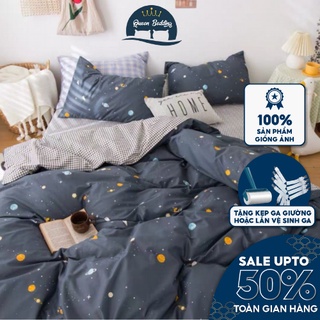 Bộ Chăn Ga Gối Cotton Poly Xanh Galaxy Vũ Trụ - Set 4 Món Đủ Size