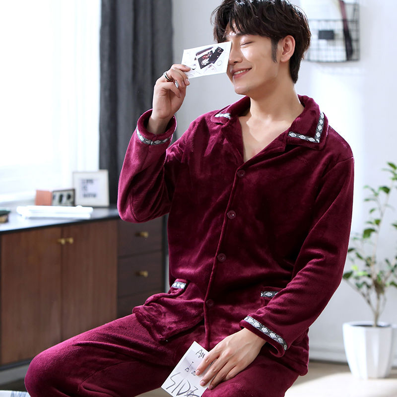 Men's Winter Pajamas Thick Coral Home Wear Long Sleeve Flannel Casual Warm Autumn And Winter Can Be Wearing Outside Suit | BigBuy360 - bigbuy360.vn