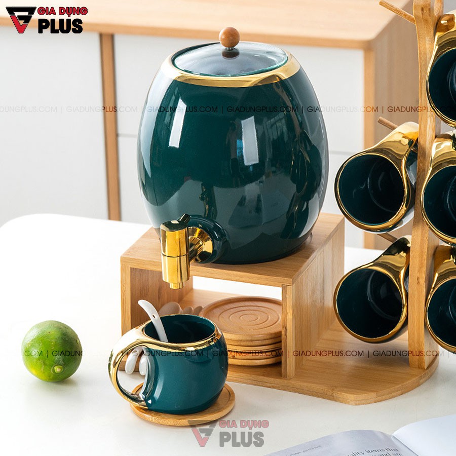 Bộ Chum Đựng Nước Kèm Tách Bằng Gốm Sứ &amp; Kệ Gỗ Sang Trọng | Màu Xanh Ngọc Lục Bảo Cao Cấp