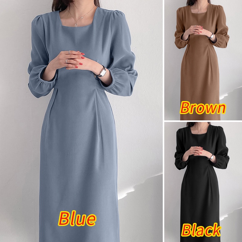 Đầm ZANZEA dáng dài cổ vuông tay dài phối dây buộc thời trang thường ngày cho nữ