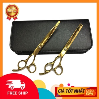 Combo kéo cắt tỉa tóc Nhật Bản cao cấp màu GOLD kèm bao da
