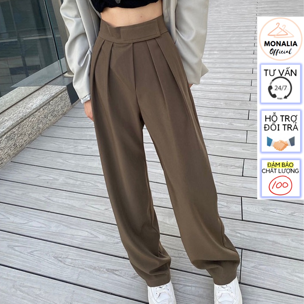 Quần ống rộng MONALIA lưng cạp cao ống suông vải nữ dài culottes xuông màu đen , nâu , xám