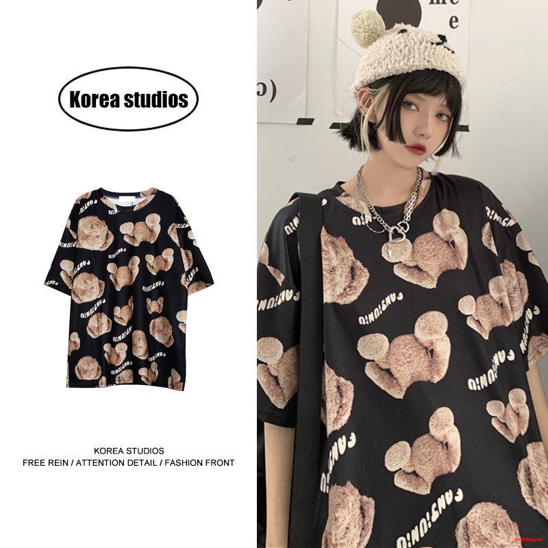 Women's Summer Youth2021 summer students Korean fashion trend ins brand hip-hop street bear loose version wild couple outfit