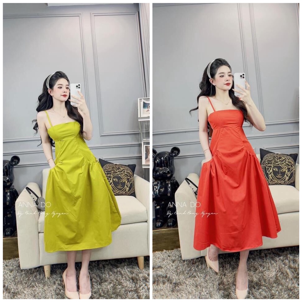 Váy đầm hai dây dáng dài xòe có mút ngực màu cam đất tôn da, nhẹ nhàng, sexy - hàng sẵn kèm ảnh thật fullsize