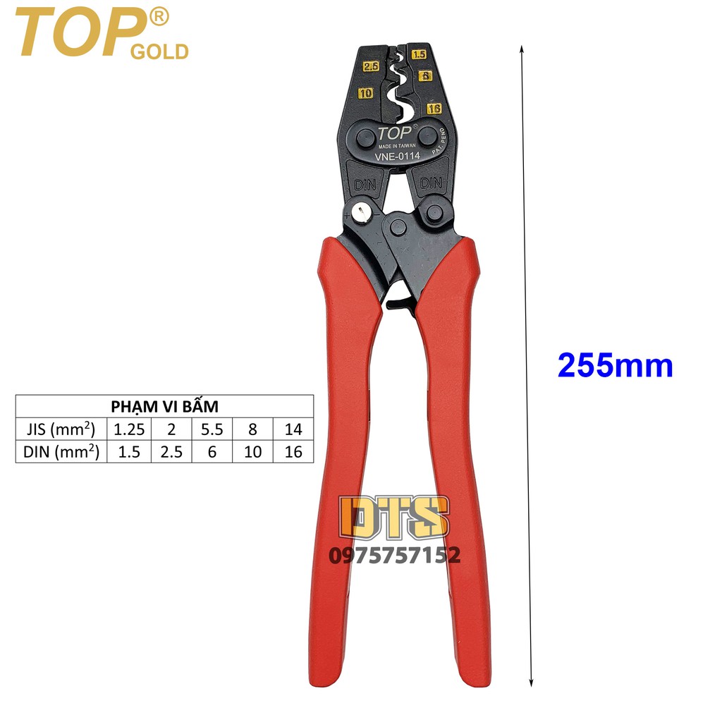 Kìm bấm cos trợ lực số 14 1.5 -> 16 mm2 TOP GOLD, tiết kiệm lực, độ chính xác cao, có nút điều độ rơ  (Kềm bấm cốt 16L)