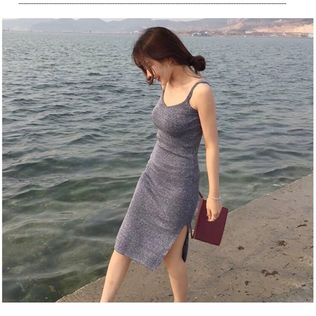 Đầm gân 2 dây xẻ tà