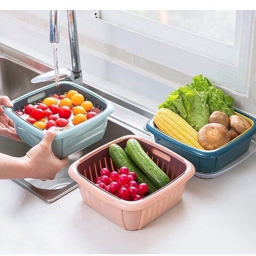 Bộ Rổ Nhựa Kèm Chậu Có Nắp Đậy Dùng Làm Hộp Đựng Hoa Quả Đồ Ăn Thức Ăn Thực Phẩm Để Tủ Lạnh