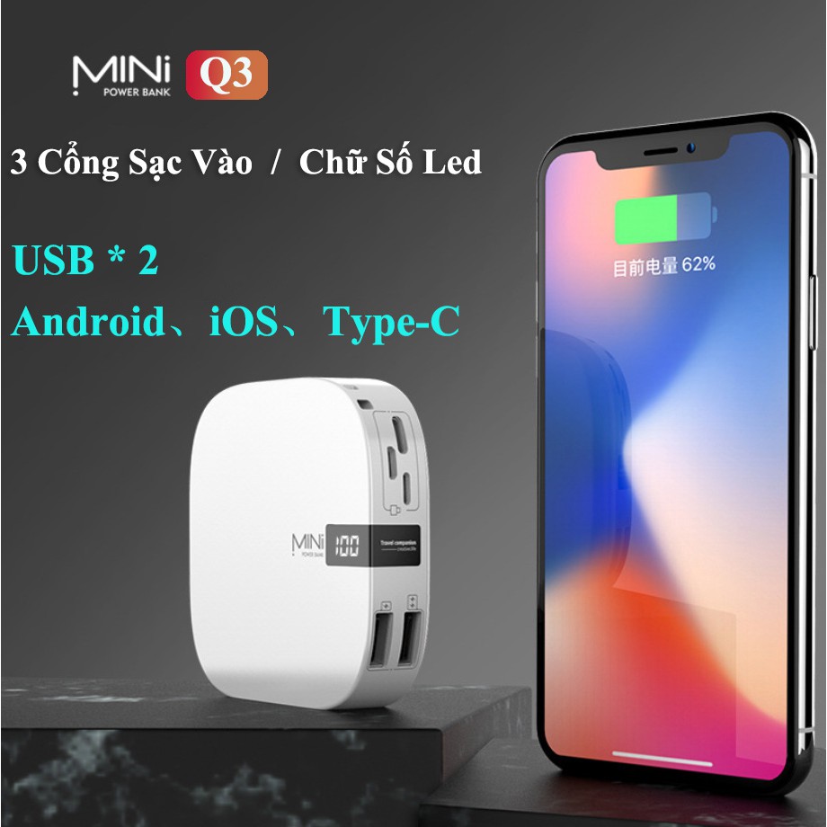 Sạc Dự Phòng mini Q3 Sạc Nhanh Siêu 10000mAh Đèn Led Chữ Số 3 cổng đầu vào Android, Lightning,Type-C,2 Cổng Đầu Ra USB