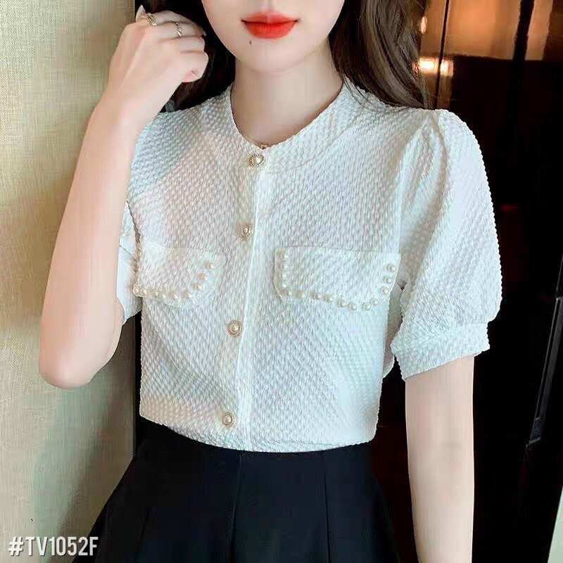 ❤️FREESHiP❤️Áo sơ mi xốp cổ tàu nắp túi đính ngọc kèm ảnh thật chụp sàn đẹp Uy Tín