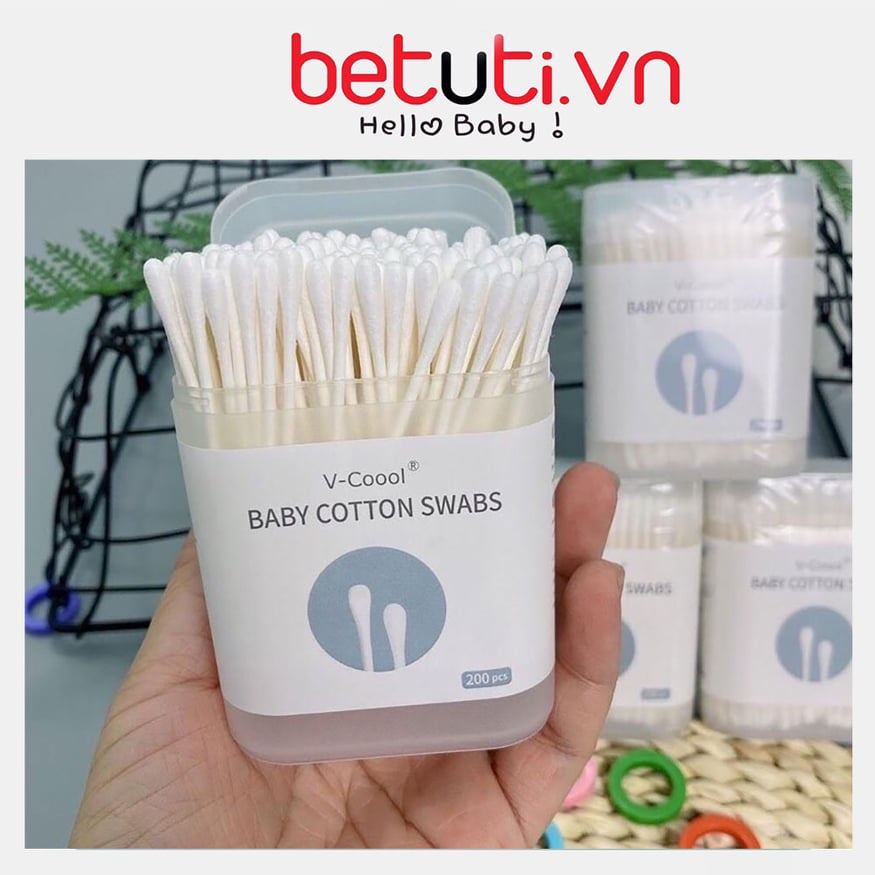 Tăm bông trẻ em Vcool kháng khuẩn ( hộp 200 que lõi giấy) cho bé sơ sinh ngoáy tai, mũi
