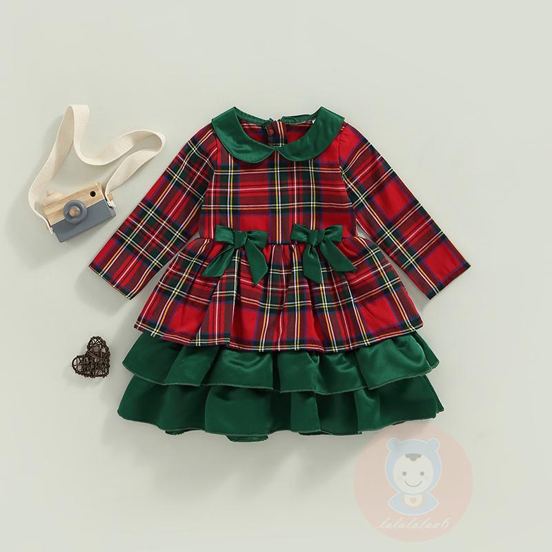 Đầm Tay Dài Cổ Búp Bê Đính Nơ Họa Tiết Sọc Caro Phong Cách Giáng Sinh Dễ Thương Cho Bé Gái LAA6