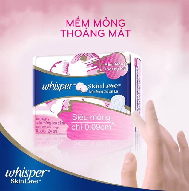 Băng vệ sinh Whishper skin love mặt bông siêu mỏng cánh (5 miếng)