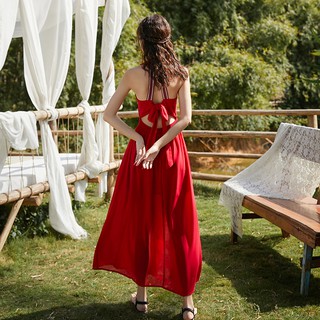 Váy Đỏ Boho Vintage Hở Lưng