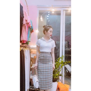 Set bộ nữ , sét Áo Phông cotton Cổ Bẻ Chân Váy Kẻ from dài