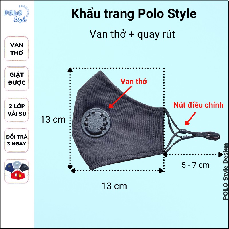 Combo 50 khẩu trang có Van thở 2 lớp vải su POLO Style - Chống nước, dễ thở, đeo thoải mái không đau tai